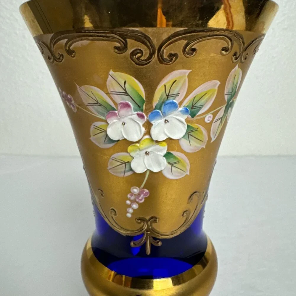 Vintage MCM Enamel Cobalt Blue Luxury Bohemian Czech Crystal Vase 24K Gold
